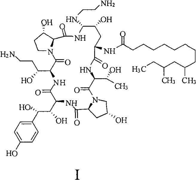 Chemical Structure of Caspofungin (Formula I) showing the cyclic peptide core and fatty acid side chain