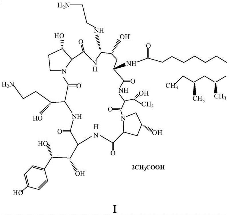 Chemical structure of Caspofungin Acetate (Compound I) showing the complex cyclic peptide backbone and side chains