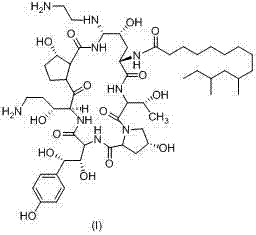 Chemical structure of Caspofungin (Formula I) showing the complex lipopeptide backbone