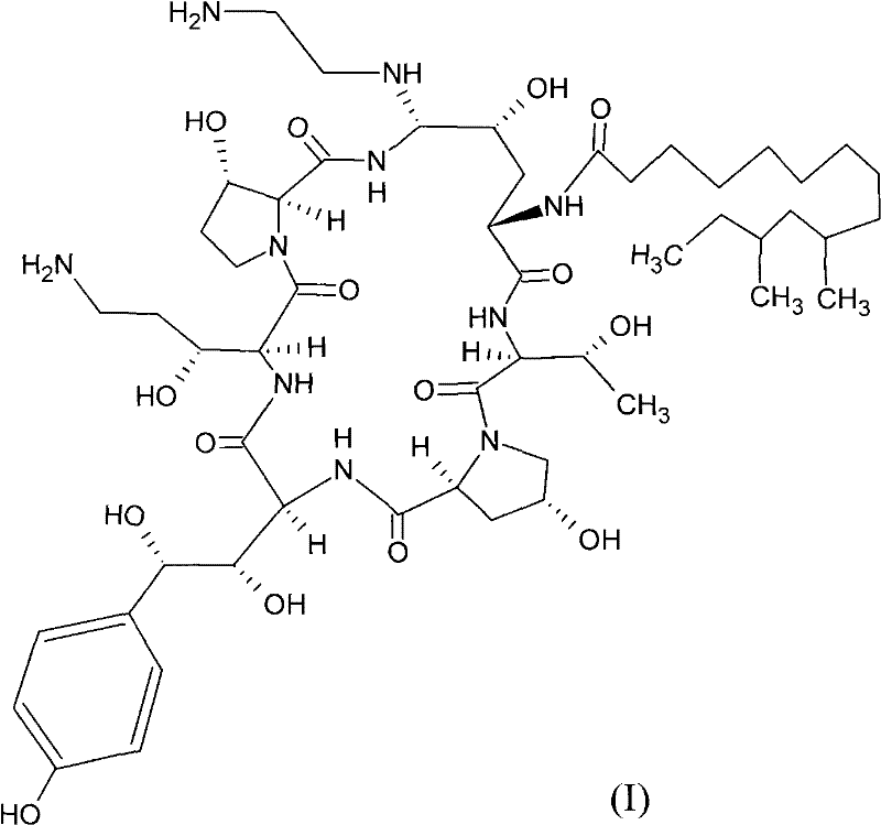 Chemical structure of Caspofungin (Compound I) showing the complex peptide-lipid architecture