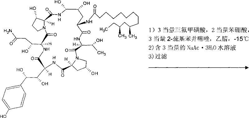 Reaction scheme for Embodiment 1 showing the conversion of Pneumocandin B0 to Caspofungin using 2-mercaptobenzothiazole