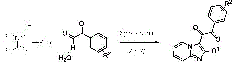 Reaction scheme showing catalyst-free synthesis in Xylenes at 80 degrees Celsius with air