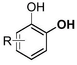 General structure of catechol derivatives showing variable R groups including alkyl, halogen, and acyl substituents