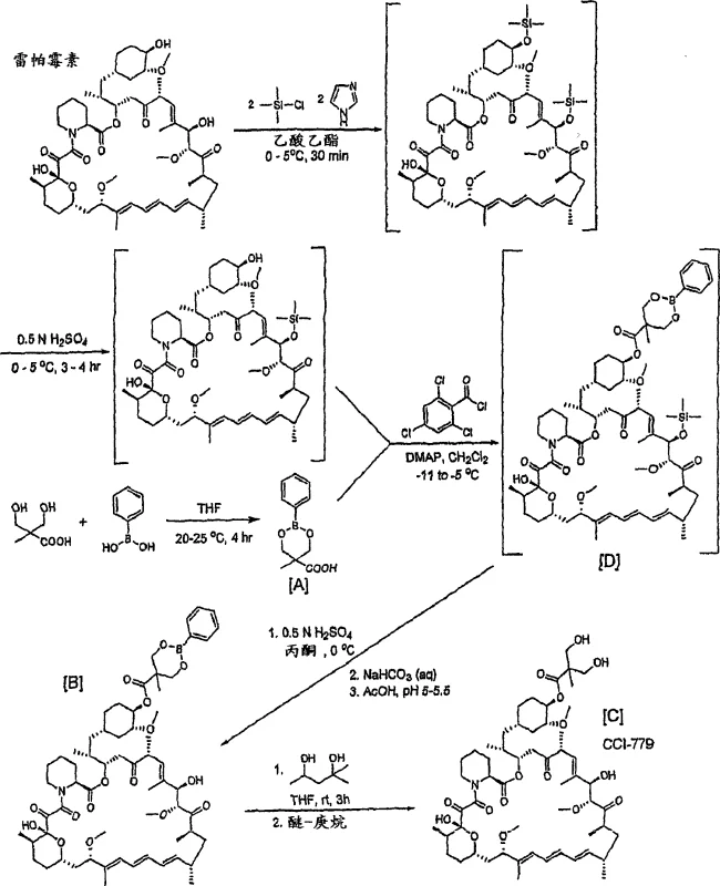 Reaction scheme showing regioselective synthesis of CCI-779 via boronic acid intermediate