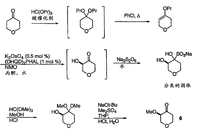Reaction Scheme 5 illustrating the asymmetric synthesis of the chiral pyranone intermediate 6