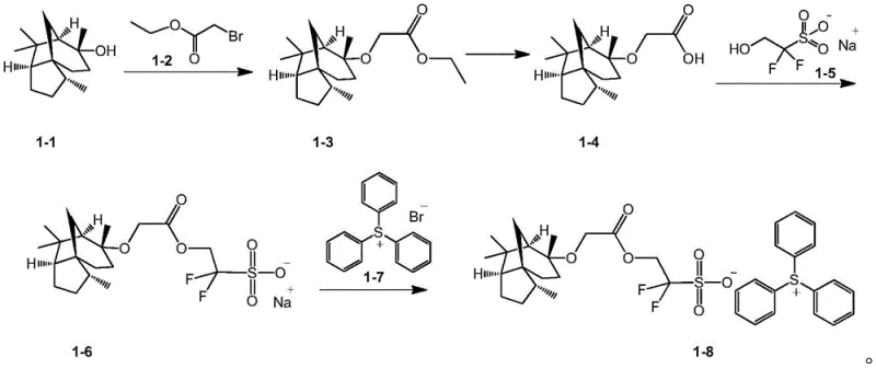 Four-step synthetic route for preparing the cedrol-based photoacid generator showing esterification, hydrolysis, and salt formation