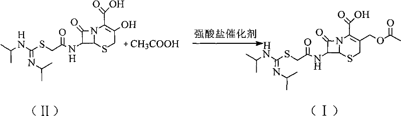 Chemical reaction showing the esterification of Intermediate II back to Cefathiamidine using strong acid salt catalyst