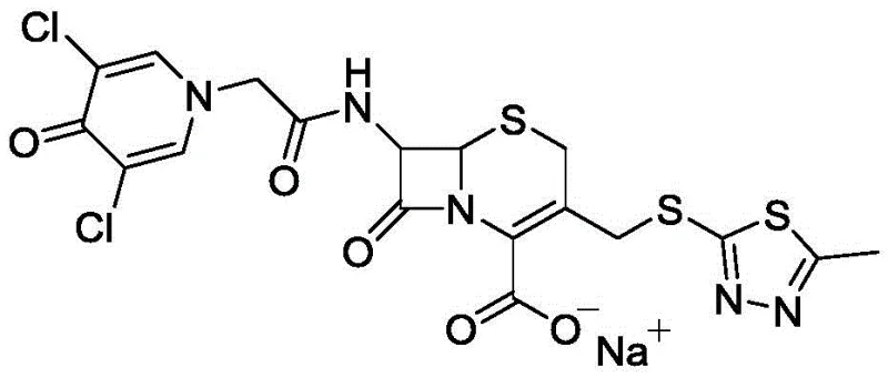 Chemical structure of Cefazedone Sodium showing the cephalosporin core and side chains