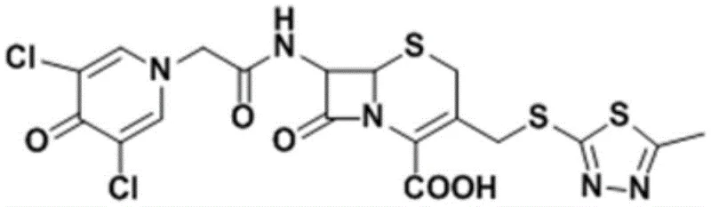 Chemical structure of Cefazedone showing the cephalosporin core and side chains