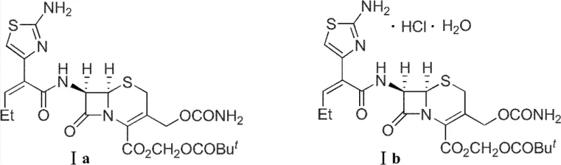 Chemical structures of Cefcapene Pivoxil variants Ia and Ib showing the core cephem nucleus