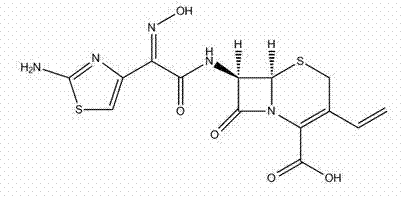 Chemical structure of Cefdinir showing the beta-lactam ring and vinyl group
