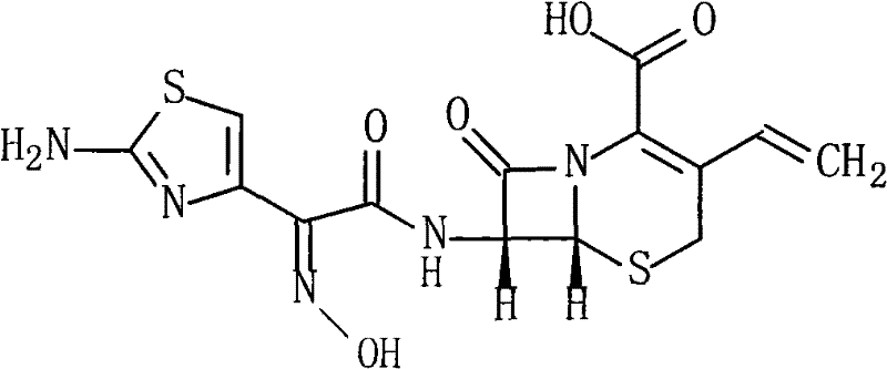 Chemical structure of Cefdinir showing the beta-lactam core and vinyl side chain