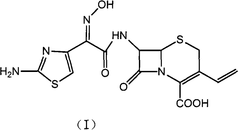 Chemical structure of Cefdinir (Formula I) showing the core cephem nucleus and side chain