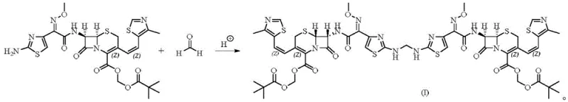 Reaction scheme showing the acid-catalyzed condensation of cefditoren pivoxil with formaldehyde to form the dimer