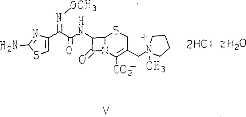 Chemical structure of Cefepime Dihydrochloride Hydrate (Formula V) representing the final antibiotic product