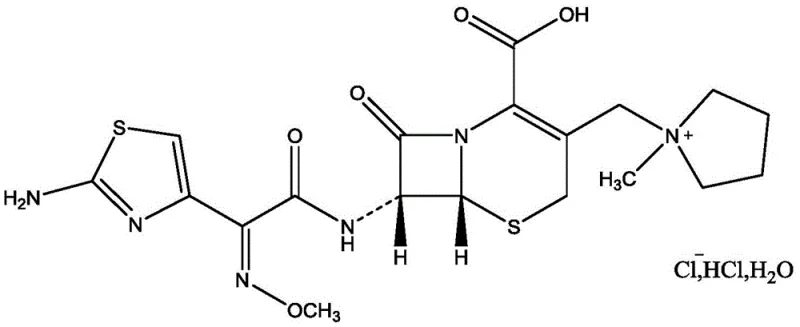 Chemical structure of Cefepime Hydrochloride showing the beta-lactam core and side chains critical for antibiotic activity
