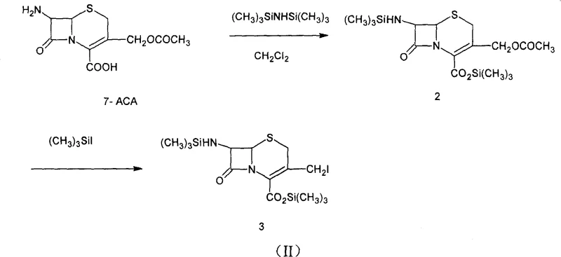 Reaction scheme showing the conversion of 7-ACA to the iodo-intermediate and final product
