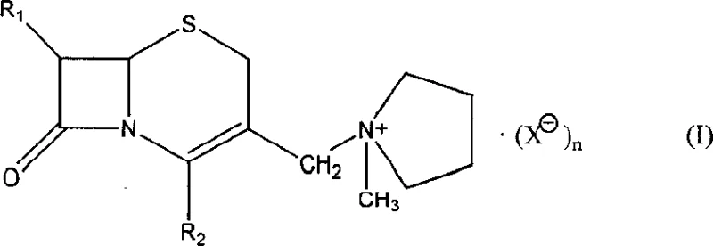 Chemical structure of Formula I showing the 7-beta-alkylamido-3-(1-methyl-1-pyrrolidyl onium) methyl-3-cephem-4-carboxylate intermediate