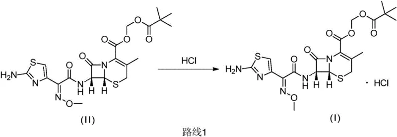 Reaction scheme showing the conversion of cefetamet pivoxil to its hydrochloride salt using non-aqueous HCl in ester solvent