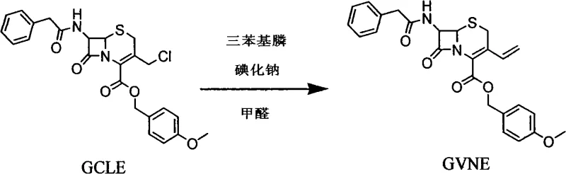 Chemical reaction scheme showing the conversion of GCLE to GVNE using triphenylphosphine and sodium iodide