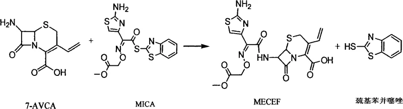 Coupling reaction of 7-AVCA with MICA to form Cefixime methyl ester and final hydrolysis to Cefixime