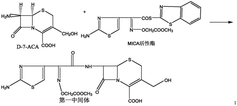 Reaction scheme showing the acylation of D-7-ACA with MICA active ester to form the first intermediate