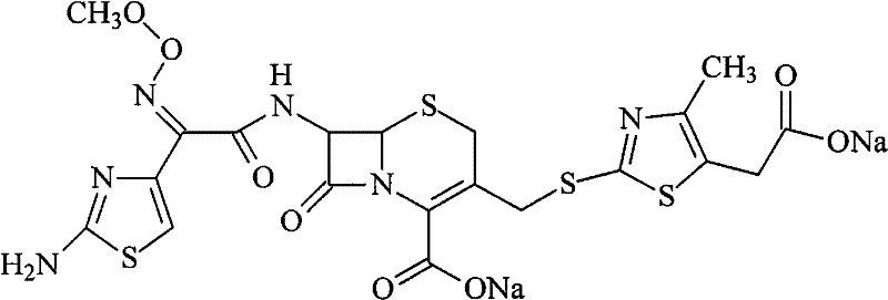 Chemical structure of Cefodizime Sodium showing the beta-lactam core and thiazole side chains