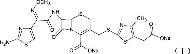 Chemical structure of Cefodizime Sodium (Formula I) showing the cephalosporin core and thiazole side chains