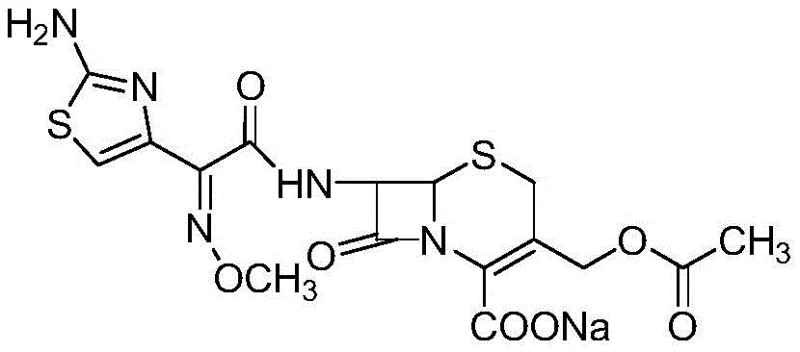 Chemical structure of Cefotaxime Sodium showing the beta-lactam core and side chains