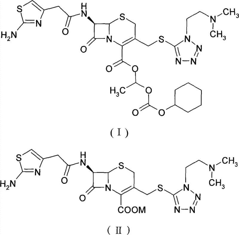 Chemical reaction scheme showing the conversion of cefotiam salt (II) to cefotiam axetil (I) using 1-iodoethyl cyclohexyl carbonate (IV)