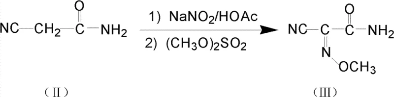 Reaction scheme showing the nitrosation of cyanoacetamide followed by esterification with dimethyl sulfate to form 2-cyano-2-methoxyl-imido-acetamide