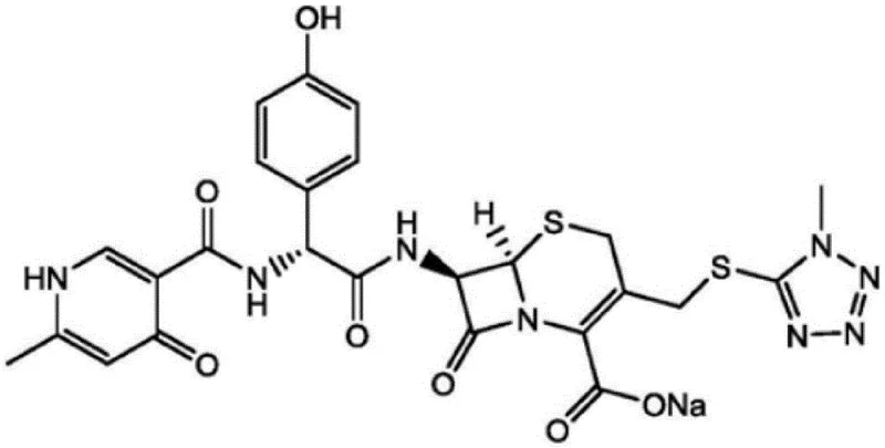 Chemical structure of Cefpiramide Sodium showing the beta-lactam core and side chains