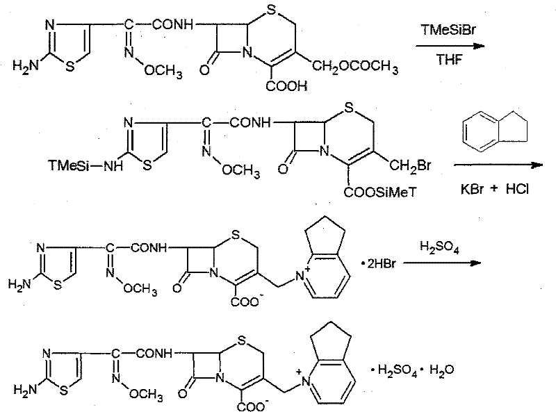 Reaction scheme showing the conversion of Cefotaxime to Cefpirome Sulfate via TMSBr mediated substitution and salt formation