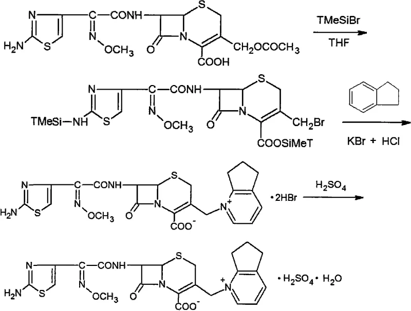 Reaction scheme showing Cefotaxime conversion to Cefpirome Dihydrobromide and finally Cefpirome Sulfate using TMSBr and 2,3-cyclopentapyridine