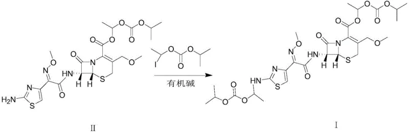 Reaction scheme showing the conversion of Cefpodoxime proxetil to Cefpodoxime dippivoxil using organic base catalysis