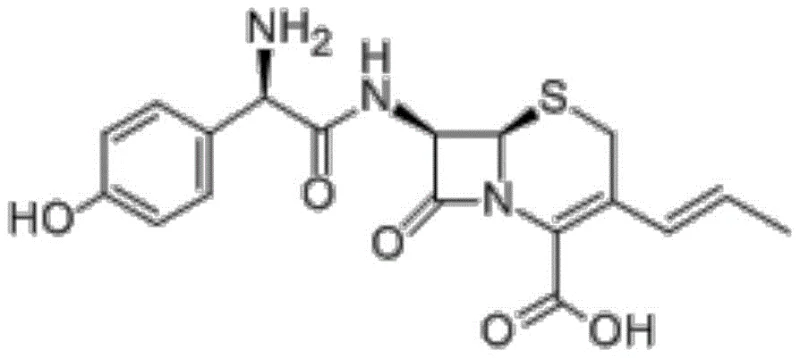 Chemical structure of Cefprozil hydrate showing the core beta-lactam and dihydrothiazine rings