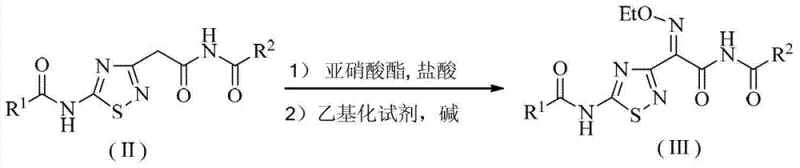 General reaction scheme showing the conversion of compound II to III and finally to I