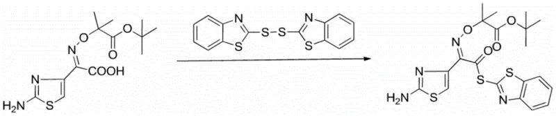 Reaction scheme showing the synthesis of ceftazidime side chain acid active ester using dithiodibenzothiazole and triethyl phosphite under microwave assistance