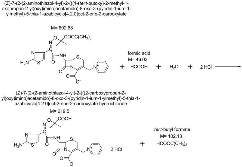 Chemical equation for the deprotection of ceftazidime tert-butyl ester to ceftazidime hydrochloride using formic and hydrochloric acid