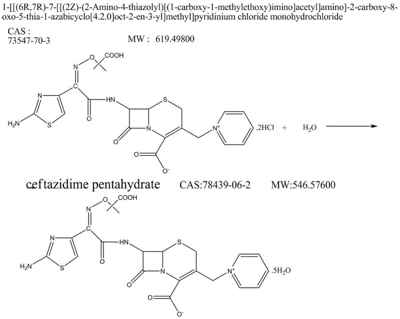 Process flow for converting ceftazidime hydrochloride to ceftazidime pentahydrate via pH adjustment and crystallization