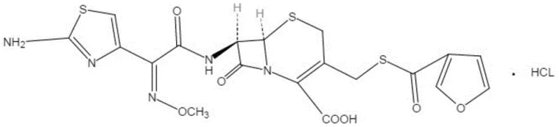 Chemical structure of Ceftiofur Hydrochloride showing the beta-lactam ring and side chains critical for antibacterial activity