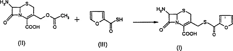 Reaction scheme showing condensation of 7-ACA (II) and furyl-2-carbonylthiol (III) to form intermediate (I)