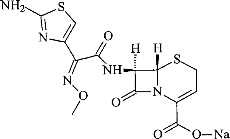 Chemical structure of Ceftizoxime Sodium (SKF-88373) showing the beta-lactam ring and side chain configuration