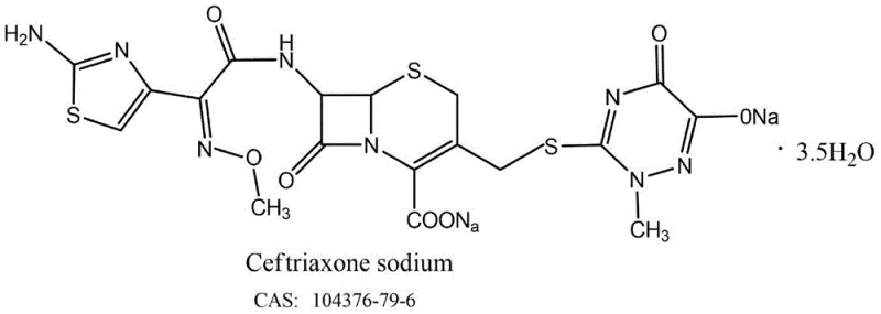 Chemical structure of Ceftriaxone Sodium showing the beta-lactam core and triazine side chain