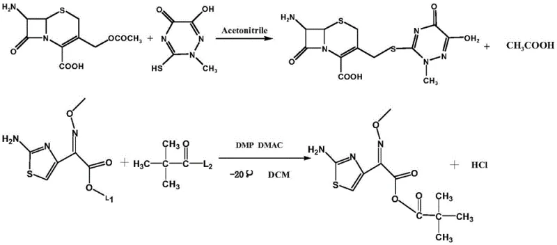 Synthetic reaction scheme showing the condensation of 7-ACT guanidine salt with aminothiazolyloximate anhydride to form Ceftriaxone Sodium