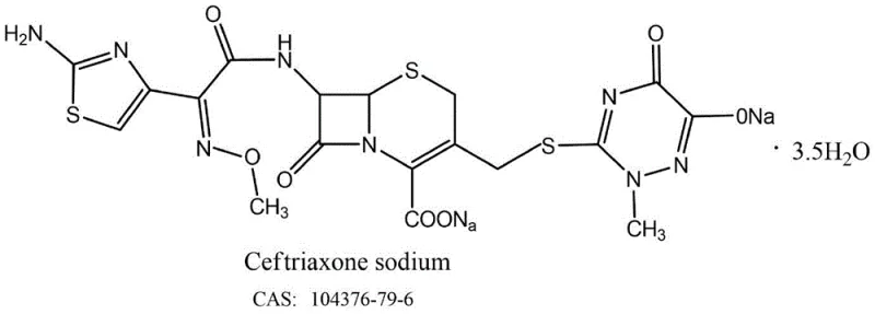 Chemical structure of Ceftriaxone Sodium showing the complex beta-lactam and thiazine rings