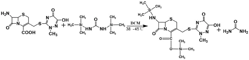 Reaction mechanism showing silylation of 7-ACT and subsequent condensation