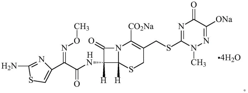 Chemical Structure of Ceftriaxone Sodium Tetrahydrate showing the core beta-lactam ring and side chains