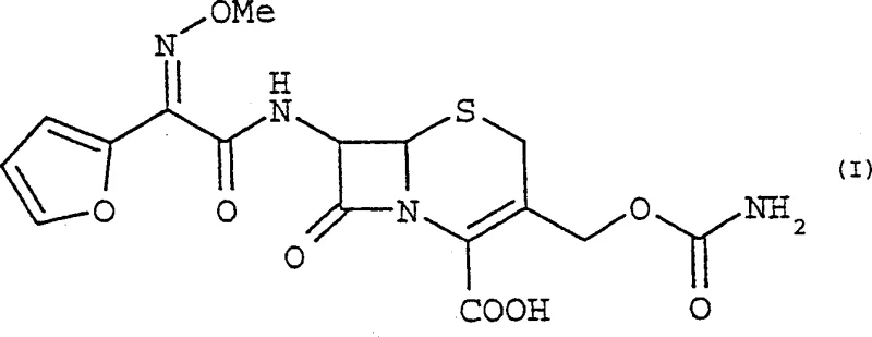 Chemical structure of Cefuroxime Acid (Formula I) showing the beta-lactam core and side chains