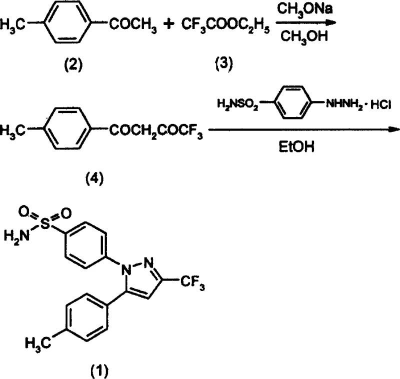 Reaction scheme showing the synthesis of Celecoxib (1) from p-methylacetophenone (2) and ethyl trifluoroacetate (3) via a diketone intermediate (4)